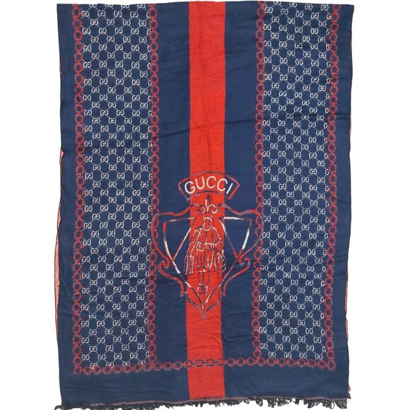 Gucci Vintage Red & Blue Stripe Monogram Shawl Wrap Scarf - Picture 1 of 10